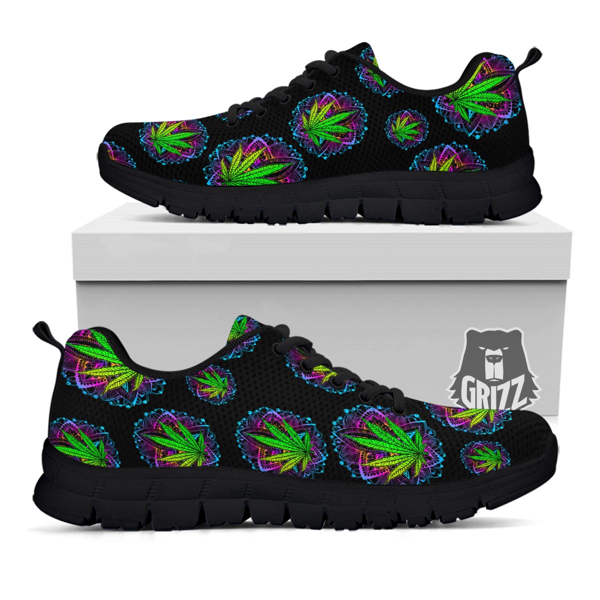 Weed Leaf Trippy Print Pattern Black Sneaker-grizzshop