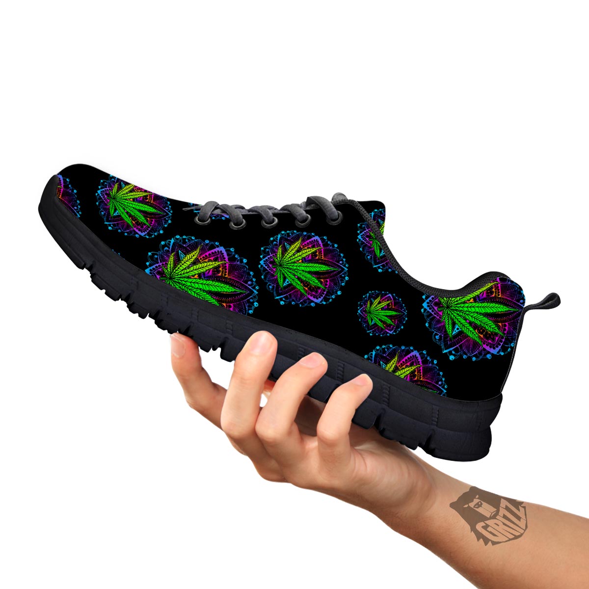 Weed Leaf Trippy Print Pattern Black Sneaker-grizzshop