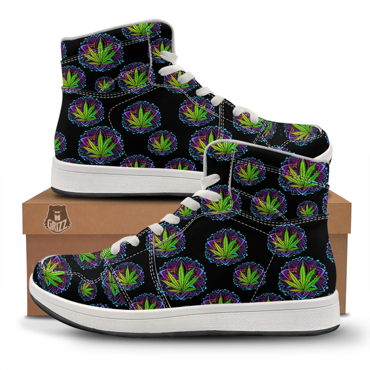 Weed Leaf Trippy Print Pattern High Top Sneakers-grizzshop
