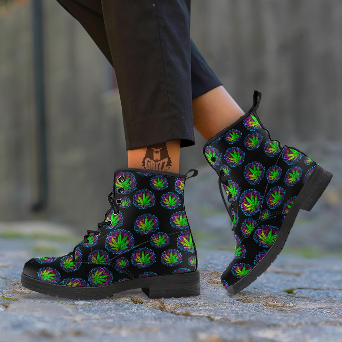 Weed Leaf Trippy Print Pattern Leather Boots-grizzshop
