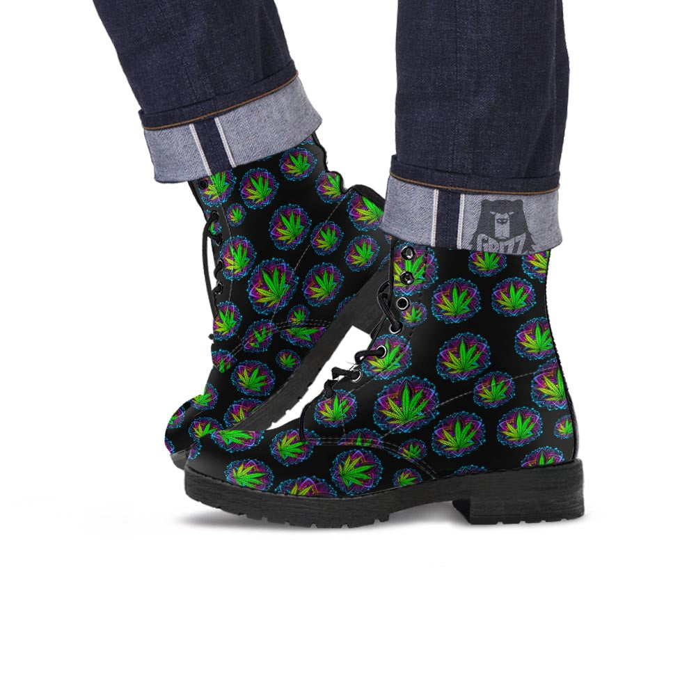 Weed Leaf Trippy Print Pattern Leather Boots-grizzshop