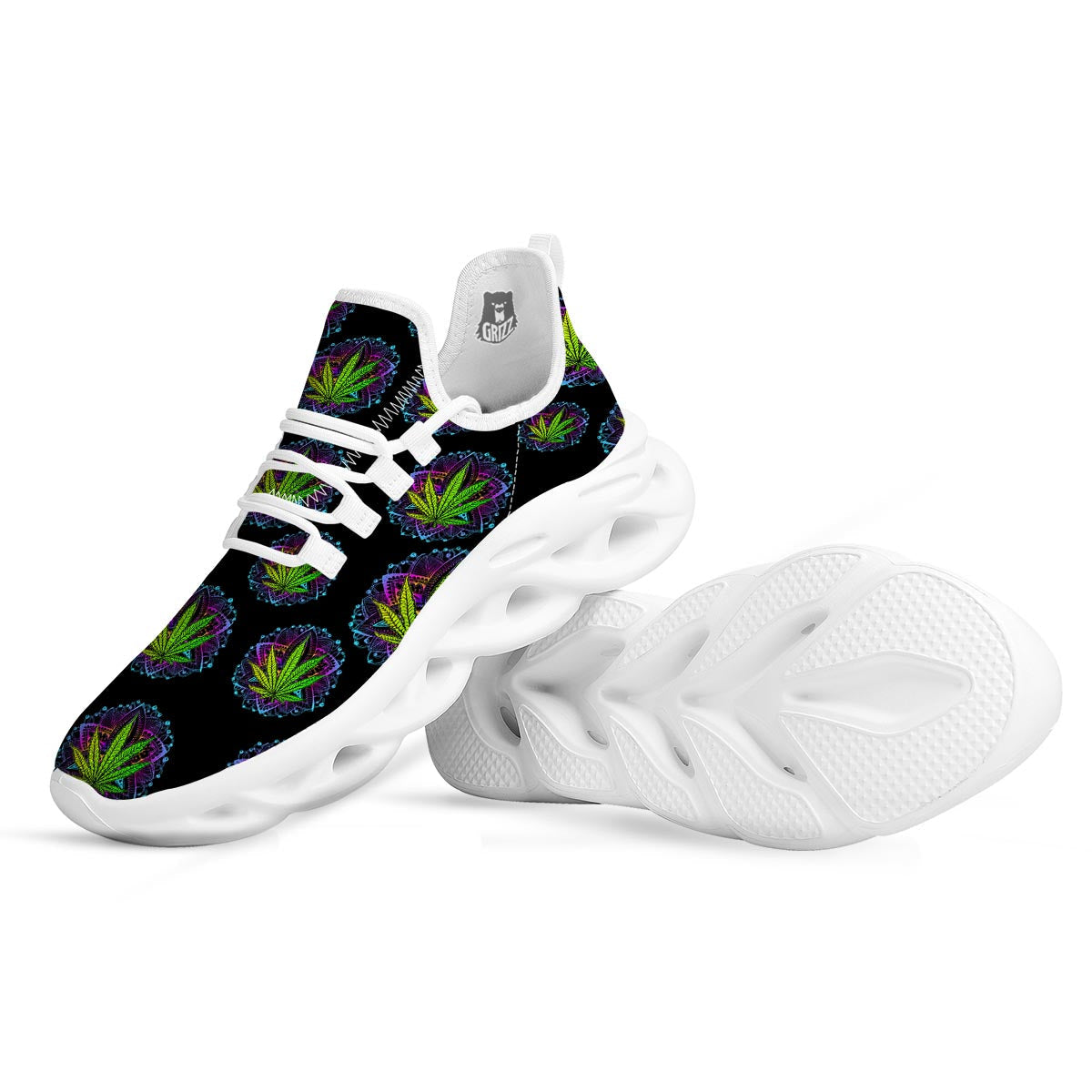 Weed Leaf Trippy Print Pattern White Running Shoes-grizzshop