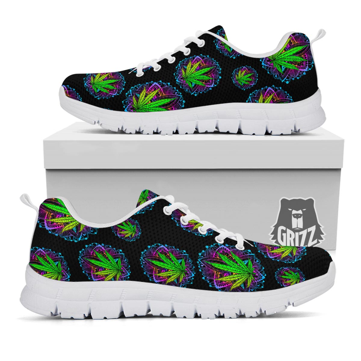 Weed Leaf Trippy Print Pattern White Sneaker-grizzshop