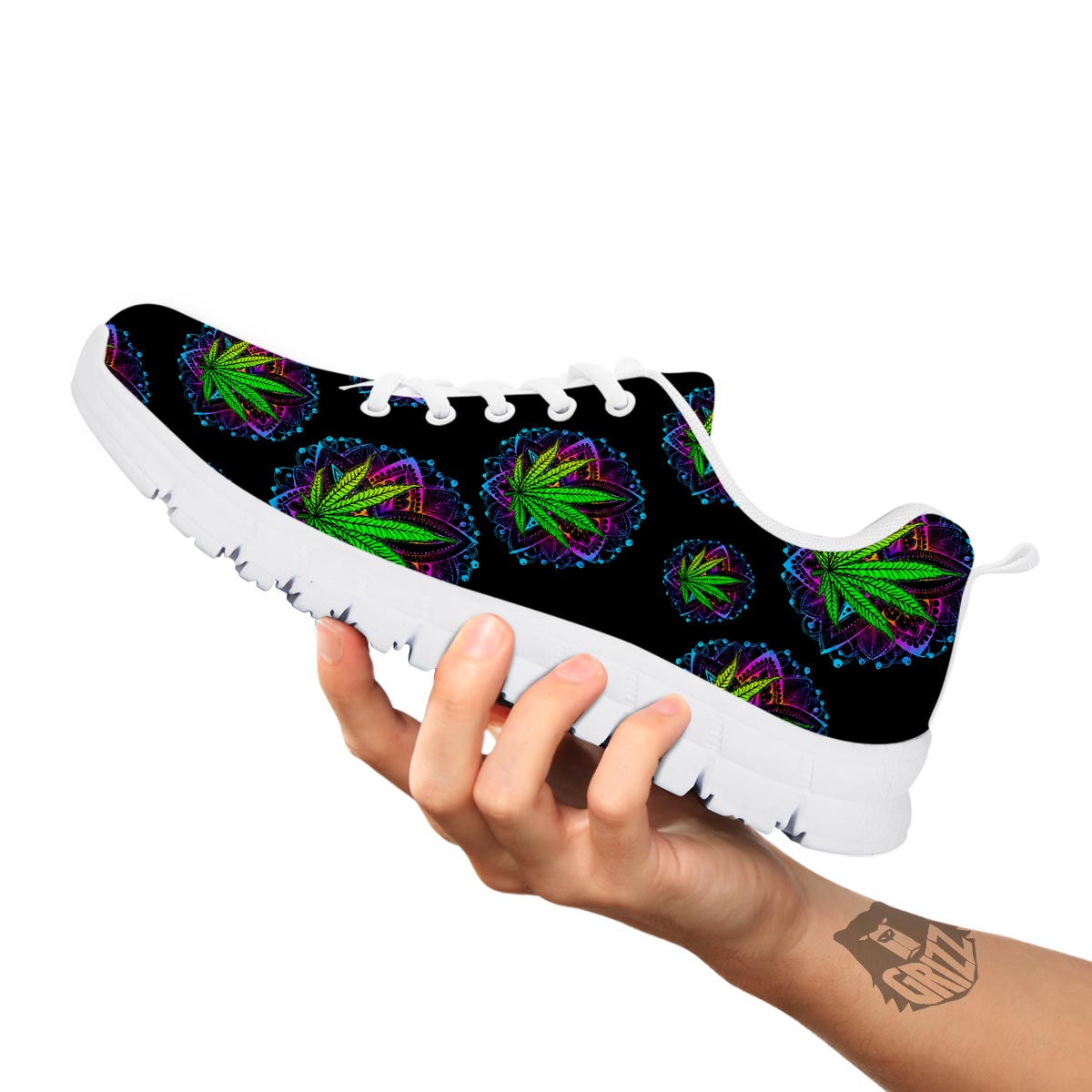 Weed Leaf Trippy Print Pattern White Sneaker-grizzshop