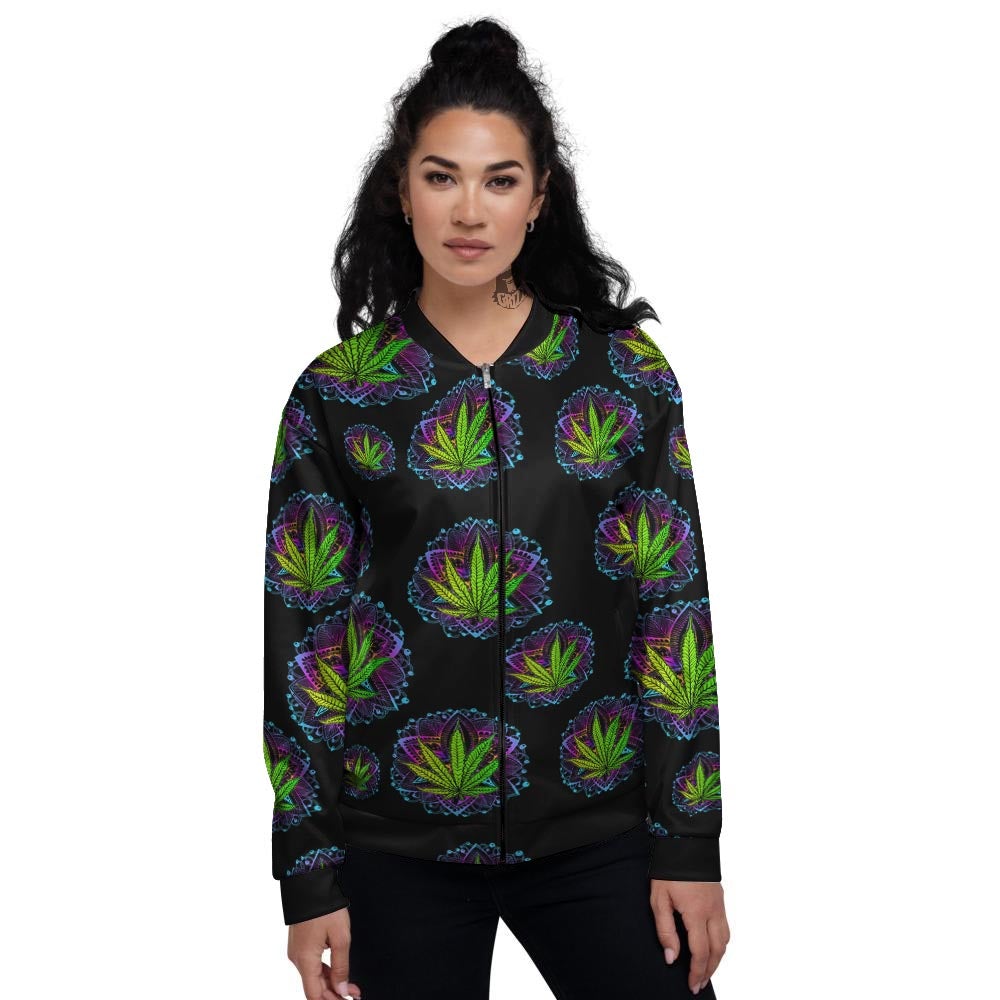 Weed Leaf Trippy Print Pattern Women's Bomber Jacket-grizzshop