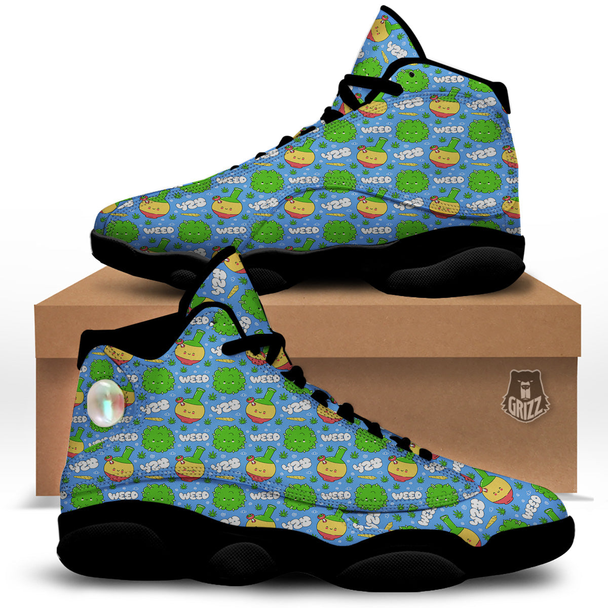 Weed Marijuana Cartoon Print Pattern Black Basketball Shoes-grizzshop