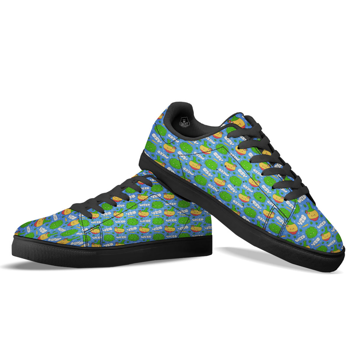Weed Marijuana Cartoon Print Pattern Black Low Top Sneakers-grizzshop