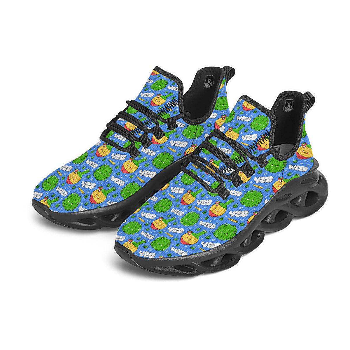 Weed Marijuana Cartoon Print Pattern Black Running Shoes-grizzshop