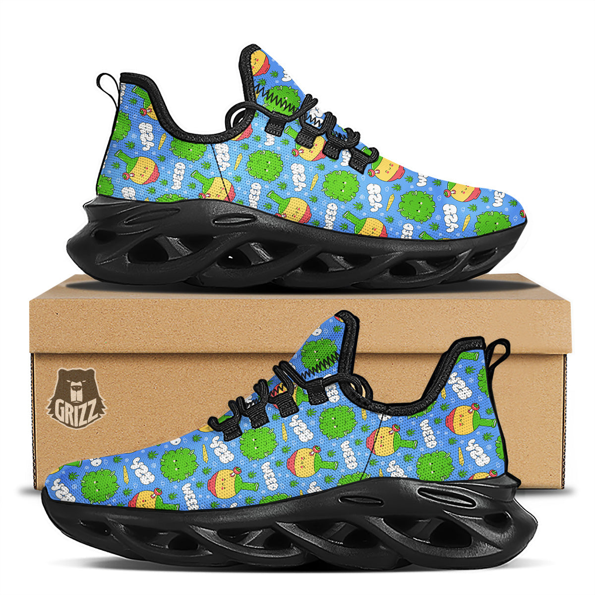Weed Marijuana Cartoon Print Pattern Black Running Shoes-grizzshop