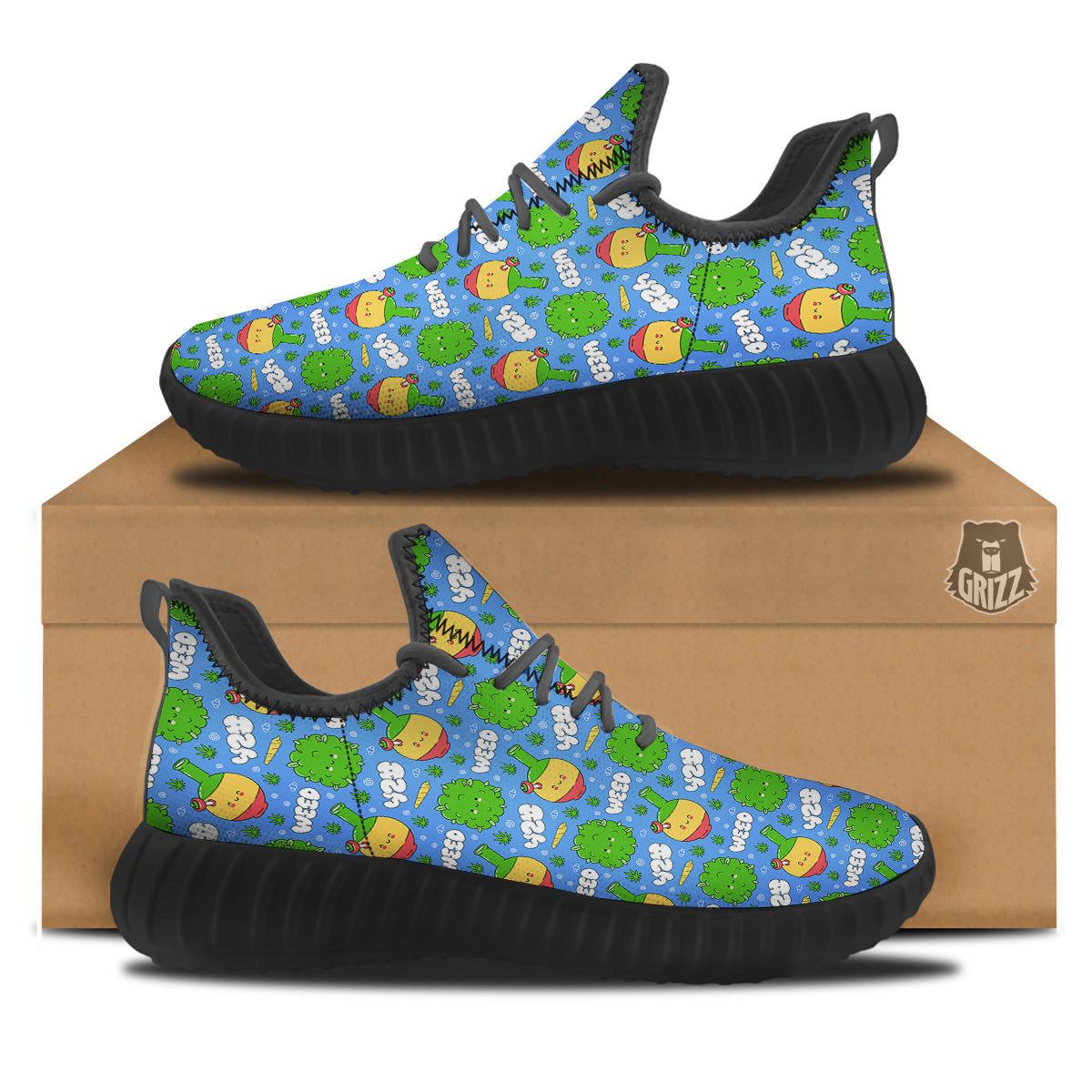 Weed Marijuana Cartoon Print Pattern Black Walking Shoes-grizzshop