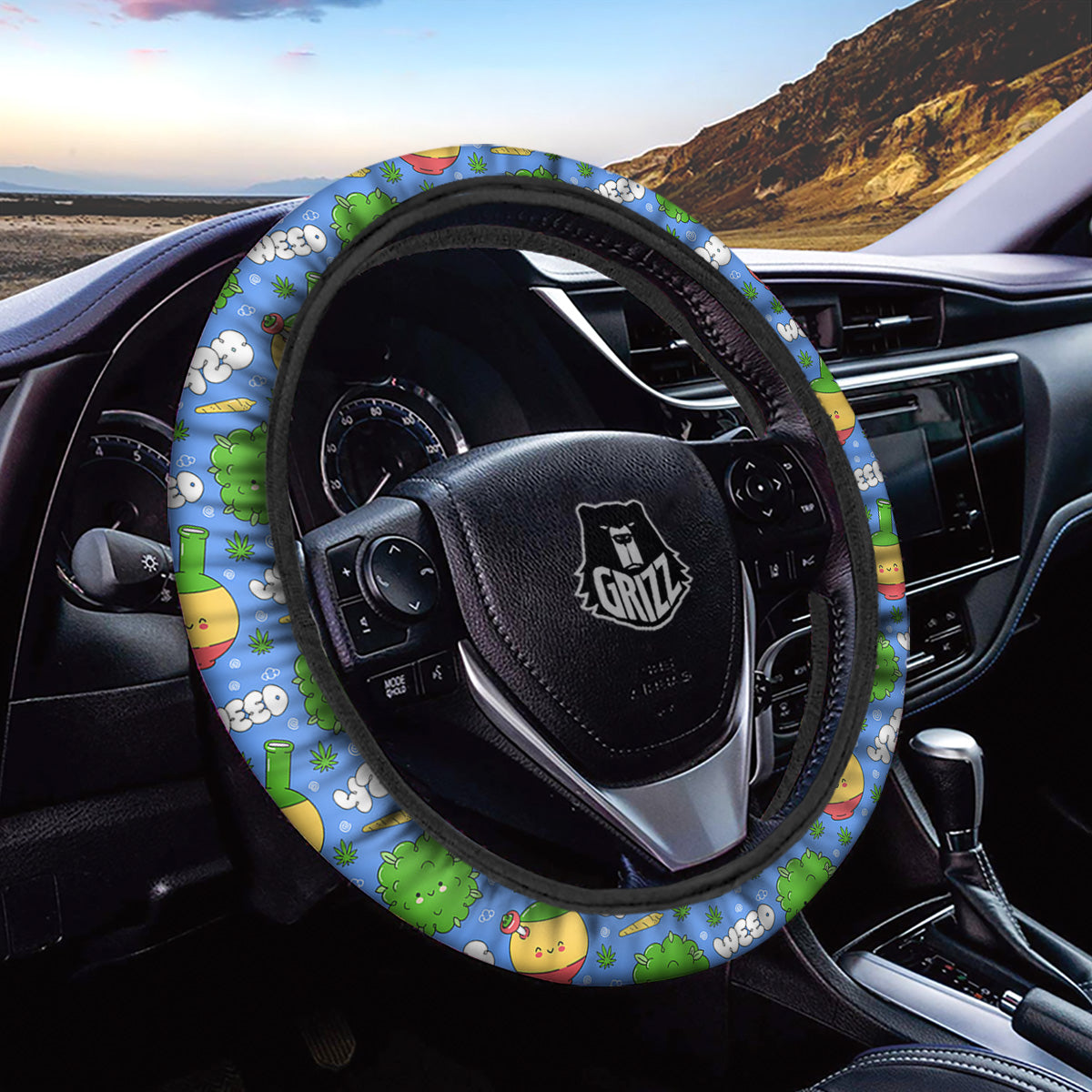Weed Marijuana Cartoon Print Pattern Car Steering Wheel Cover-grizzshop