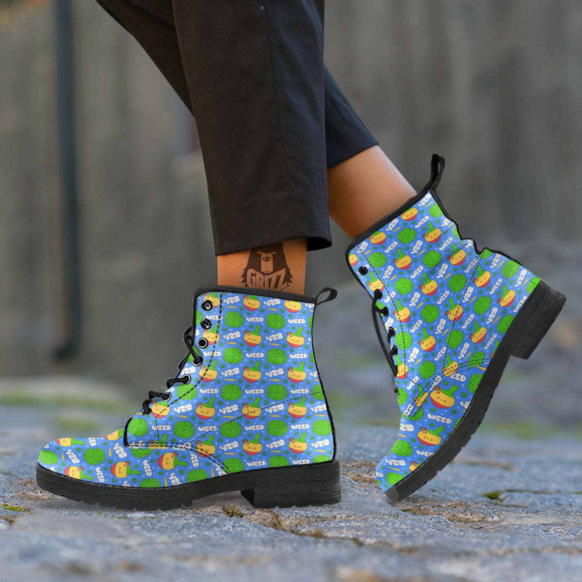 Weed Marijuana Cartoon Print Pattern Leather Boots-grizzshop