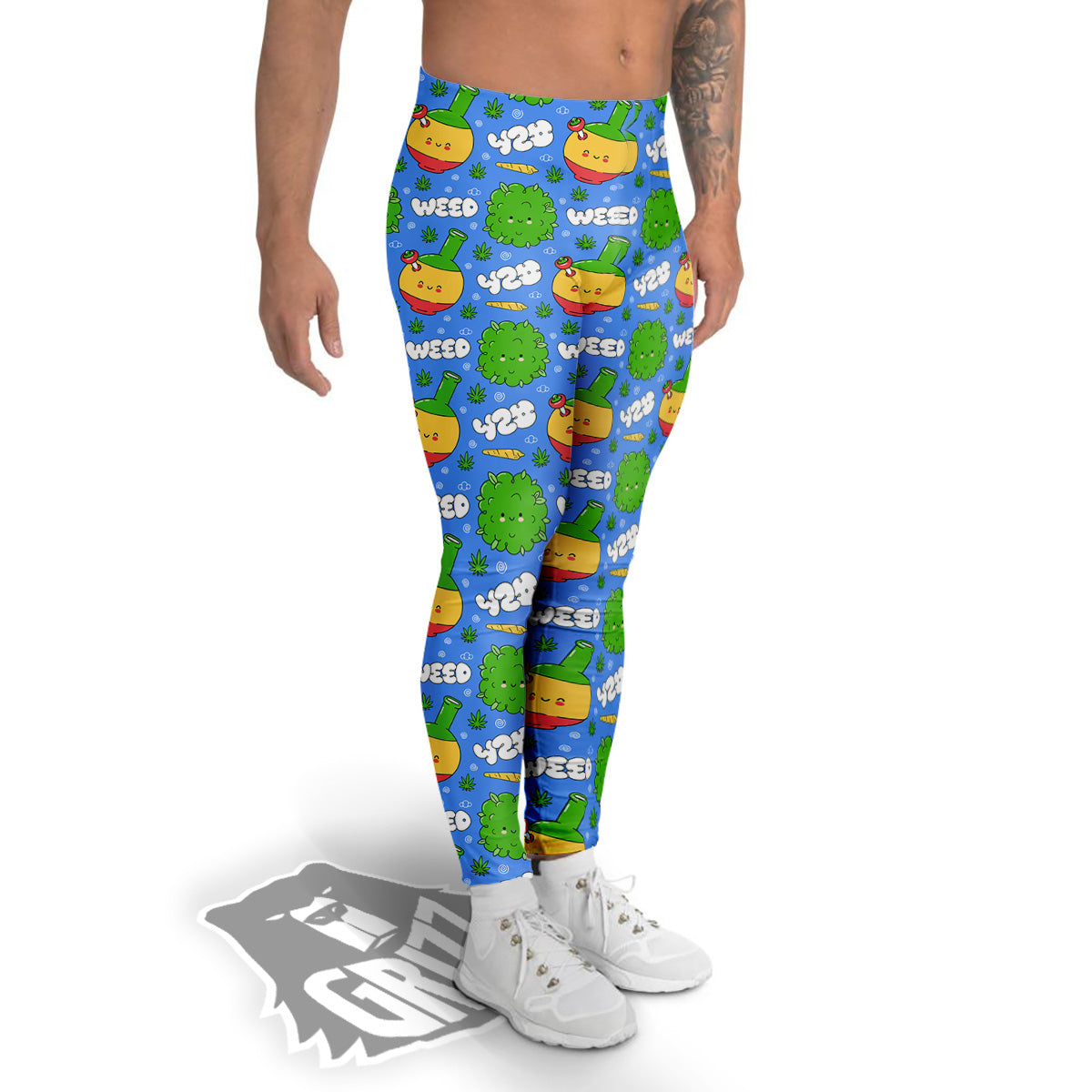 Weed Marijuana Cartoon Print Pattern Men's Leggings-grizzshop