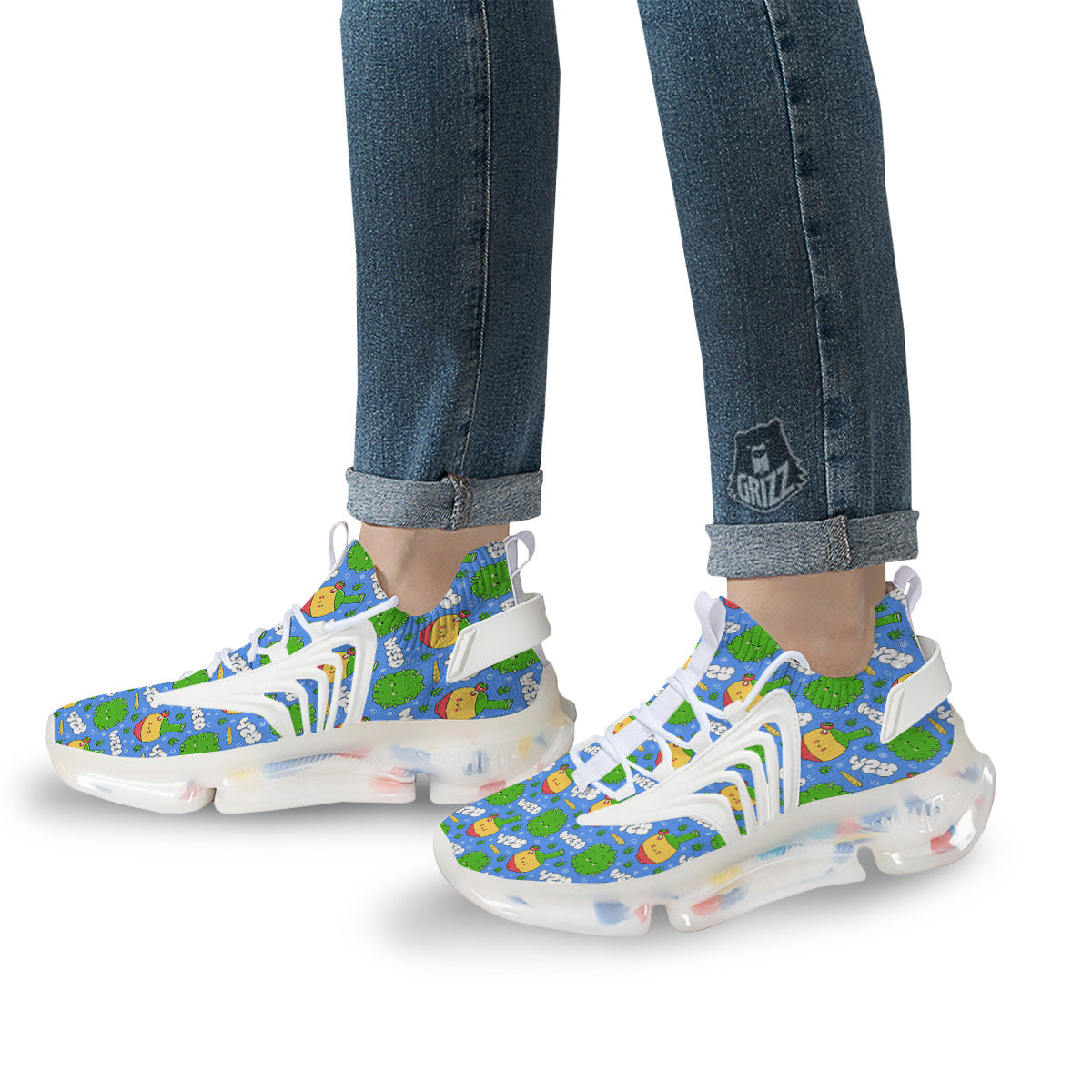 Weed Marijuana Cartoon Print Pattern White Gym Shoes-grizzshop