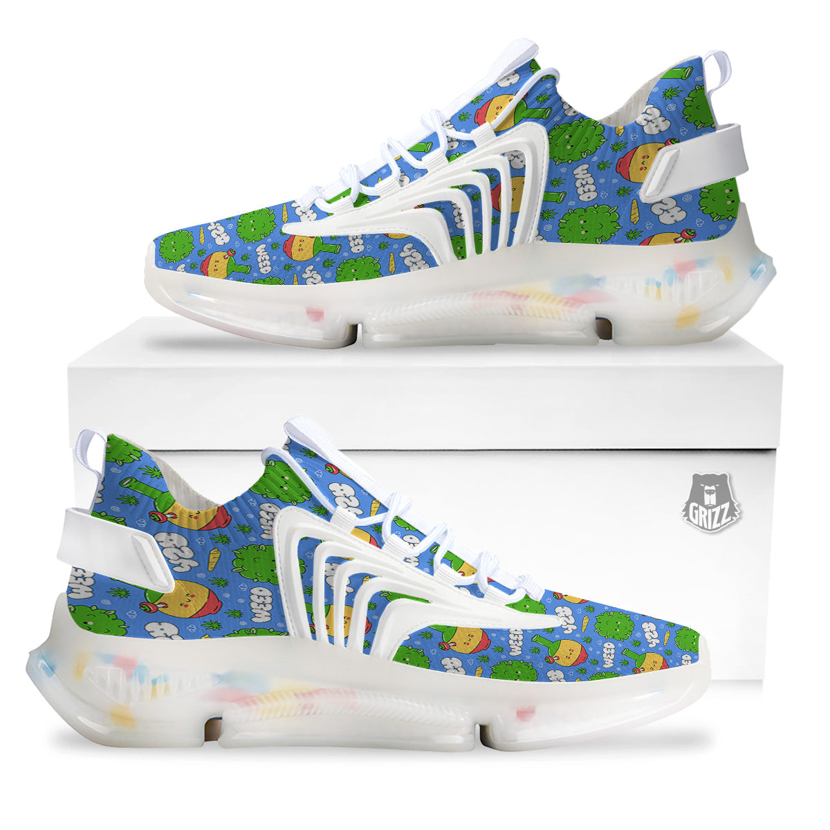 Weed Marijuana Cartoon Print Pattern White Gym Shoes-grizzshop