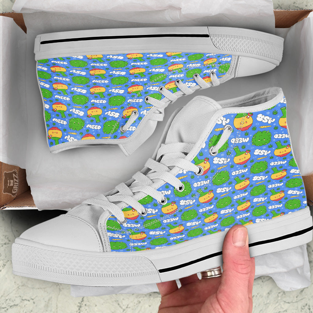 Weed Marijuana Cartoon Print Pattern White High Top Shoes-grizzshop