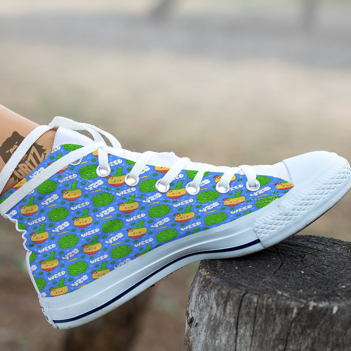 Weed Marijuana Cartoon Print Pattern White High Top Shoes-grizzshop