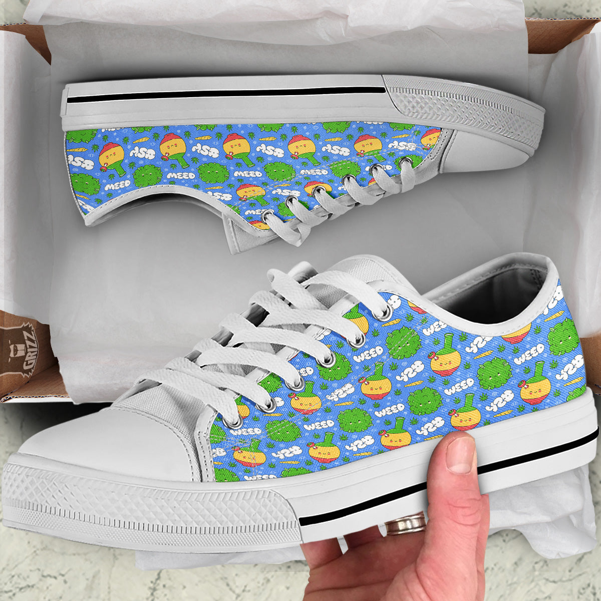 Weed Marijuana Cartoon Print Pattern White Low Top Shoes-grizzshop