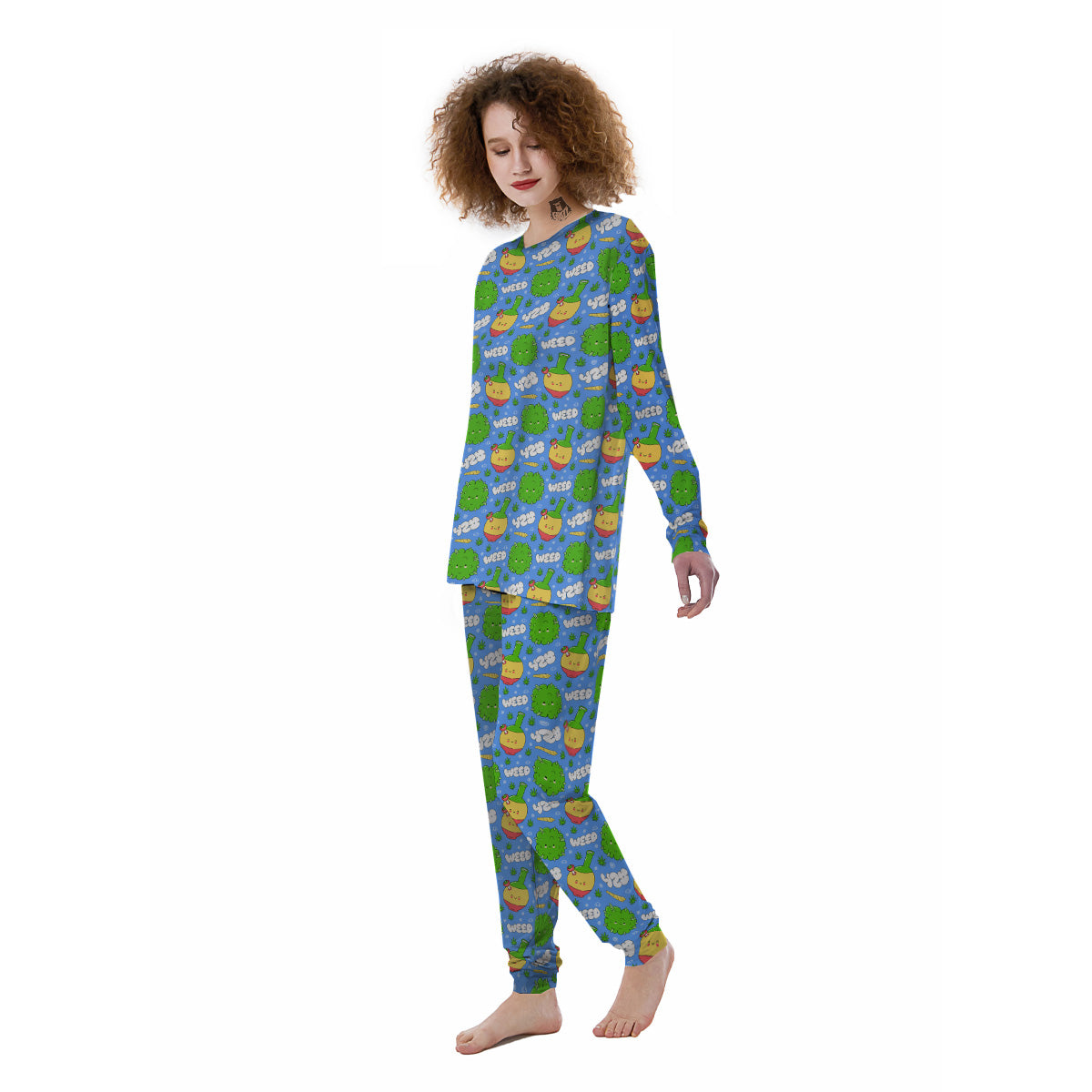 Weed Marijuana Cartoon Print Pattern Women's Pajamas-grizzshop