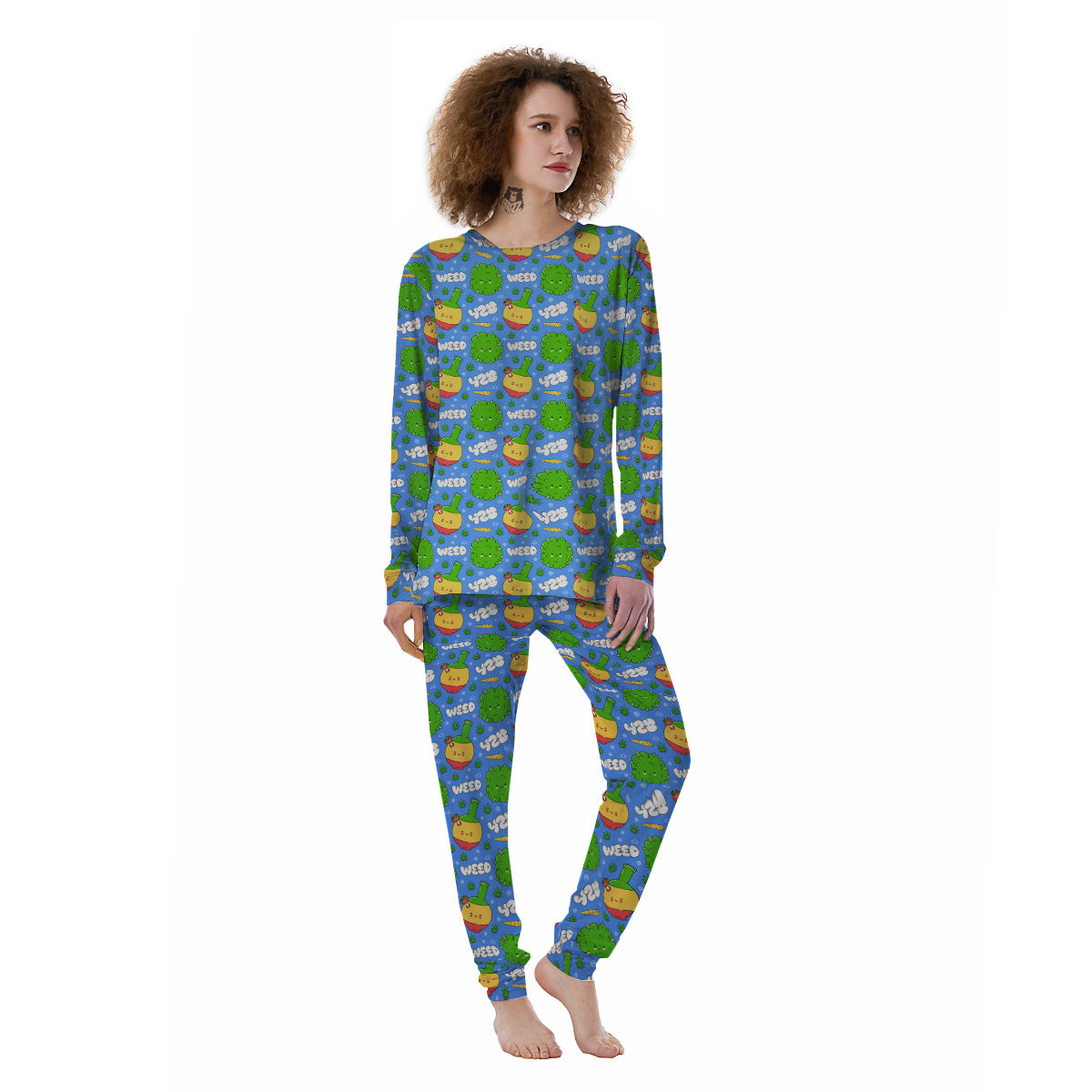 Weed Marijuana Cartoon Print Pattern Women's Pajamas-grizzshop