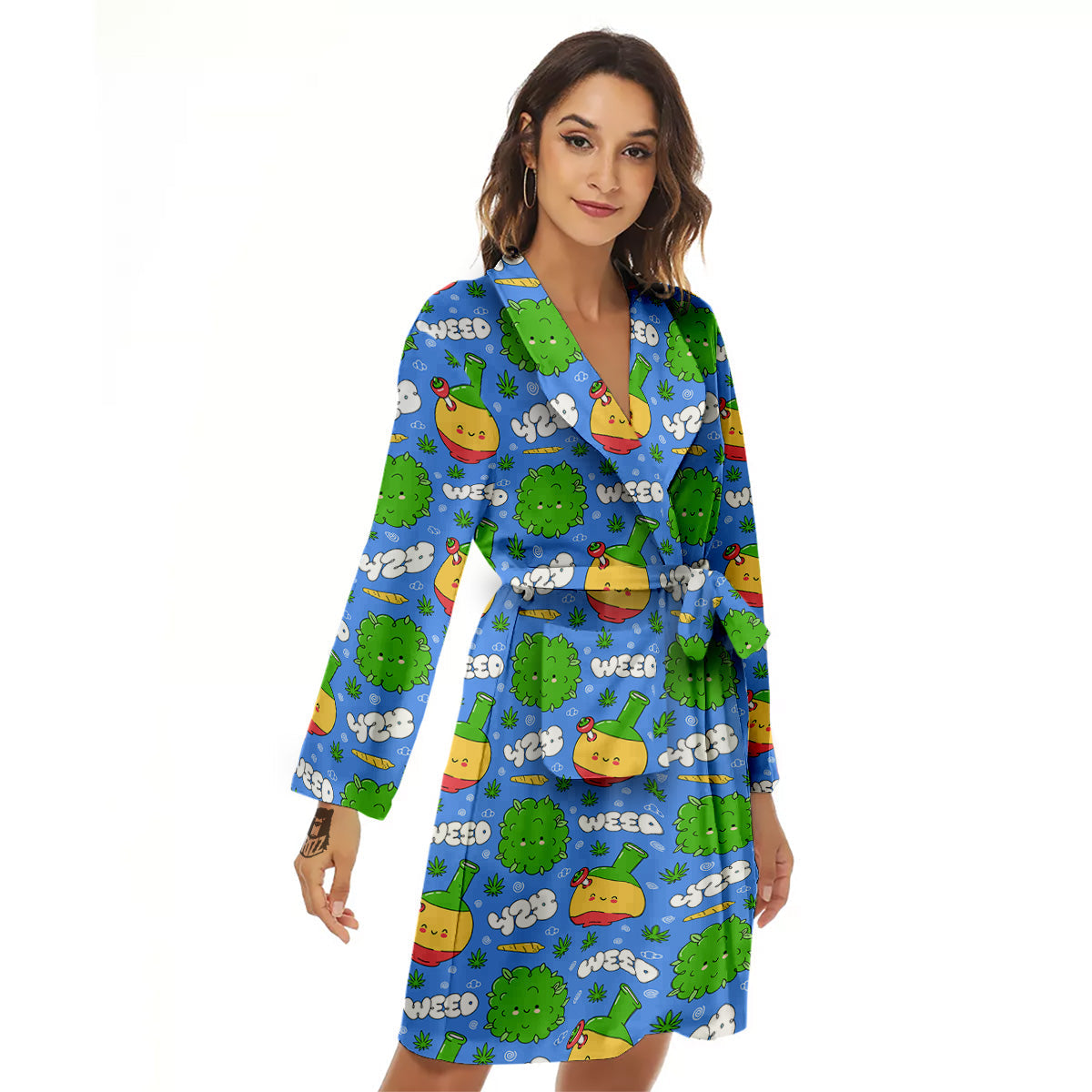 Weed Marijuana Cartoon Print Pattern Women's Robe-grizzshop