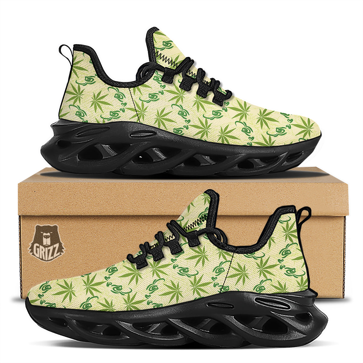 Weed Zigzag Print Pattern Black Running Shoes-grizzshop