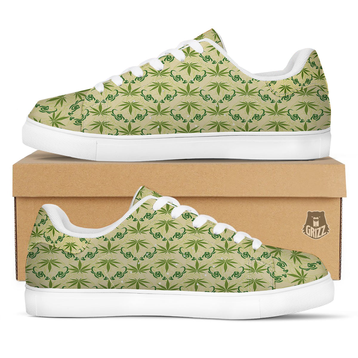 Weed Zigzag Print Pattern White Low Top Sneakers-grizzshop