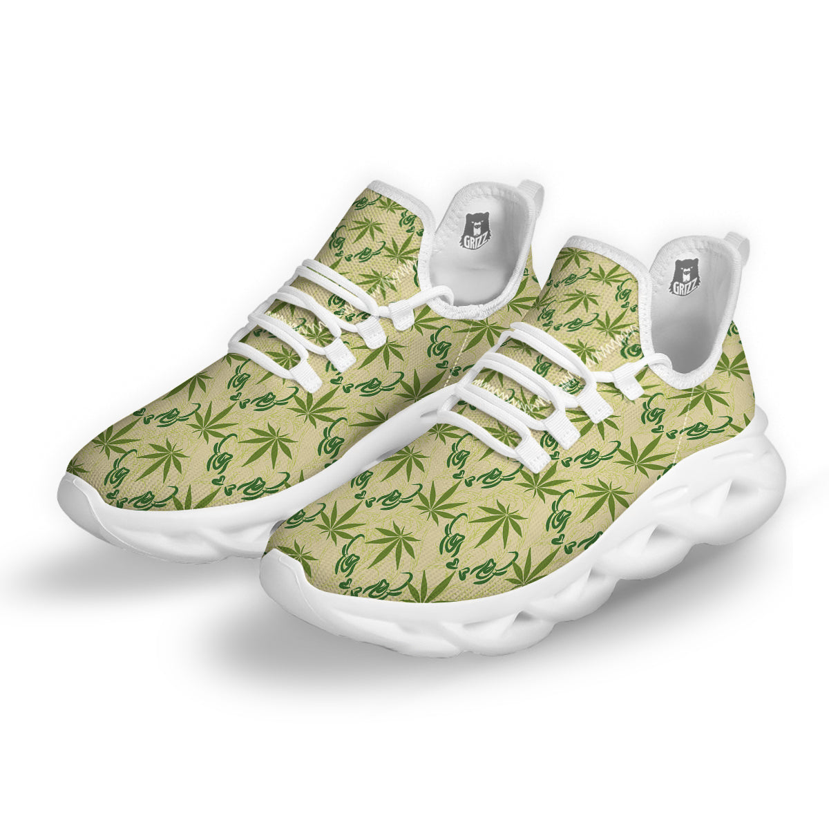 Weed Zigzag Print Pattern White Running Shoes-grizzshop