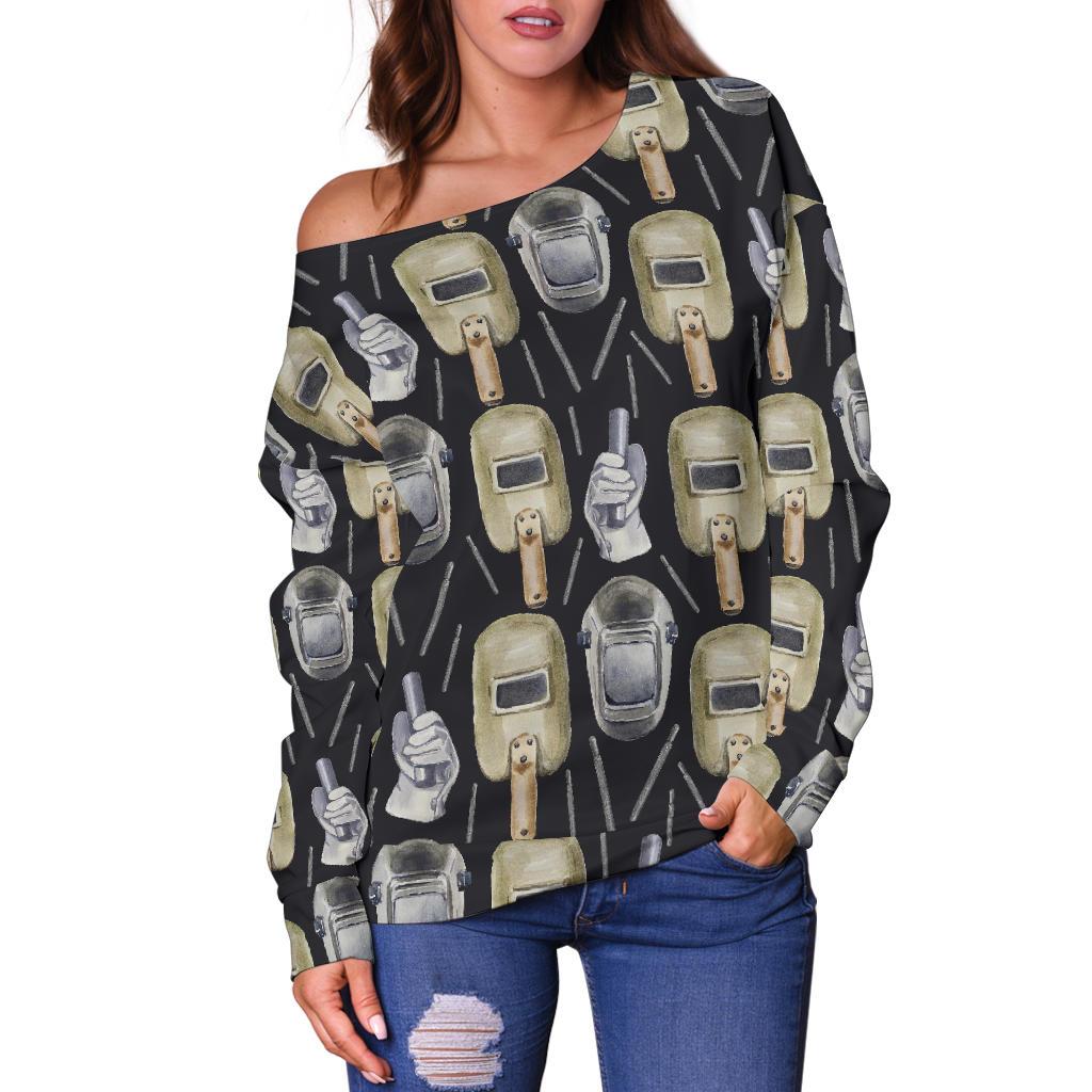 Welder Mask Print Pattern Women Off Shoulder Sweatshirt-grizzshop