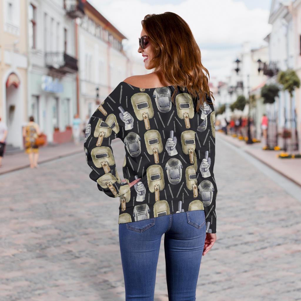 Welder Mask Print Pattern Women Off Shoulder Sweatshirt-grizzshop