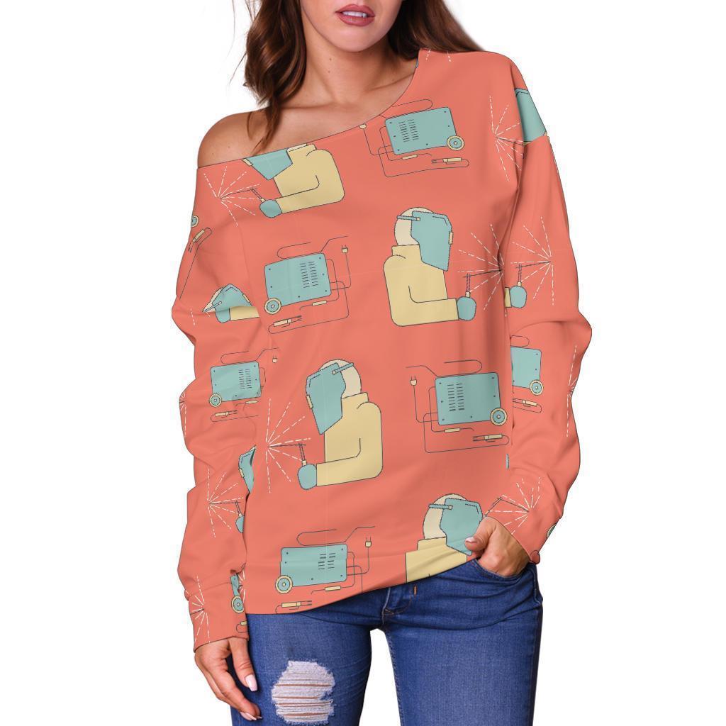 Welder Pattern Print Women Off Shoulder Sweatshirt-grizzshop