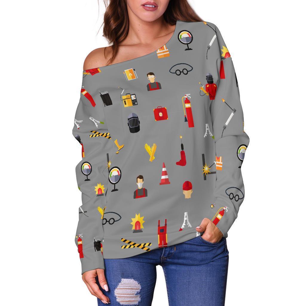 Welder Print Pattern Women Off Shoulder Sweatshirt-grizzshop