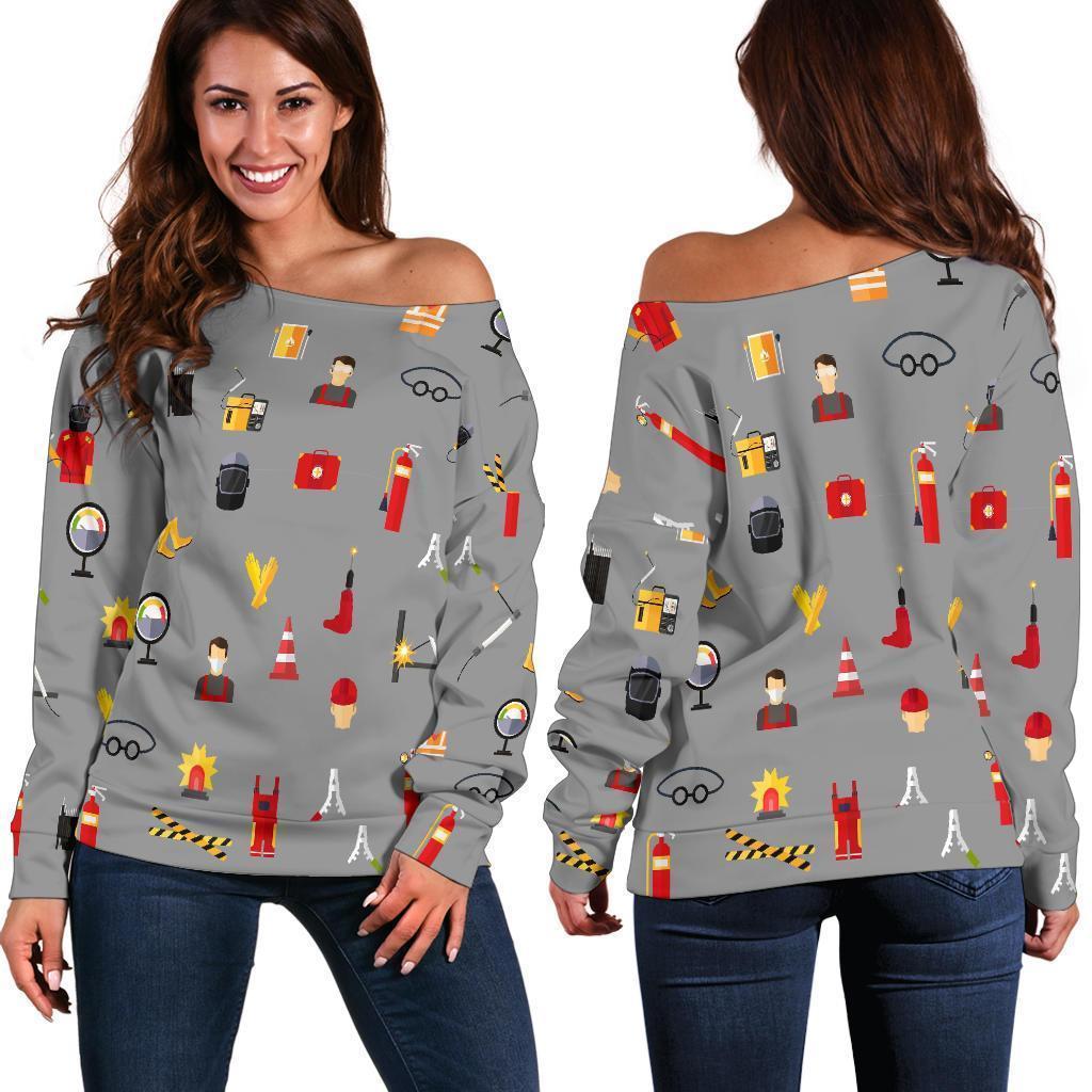 Welder Print Pattern Women Off Shoulder Sweatshirt-grizzshop