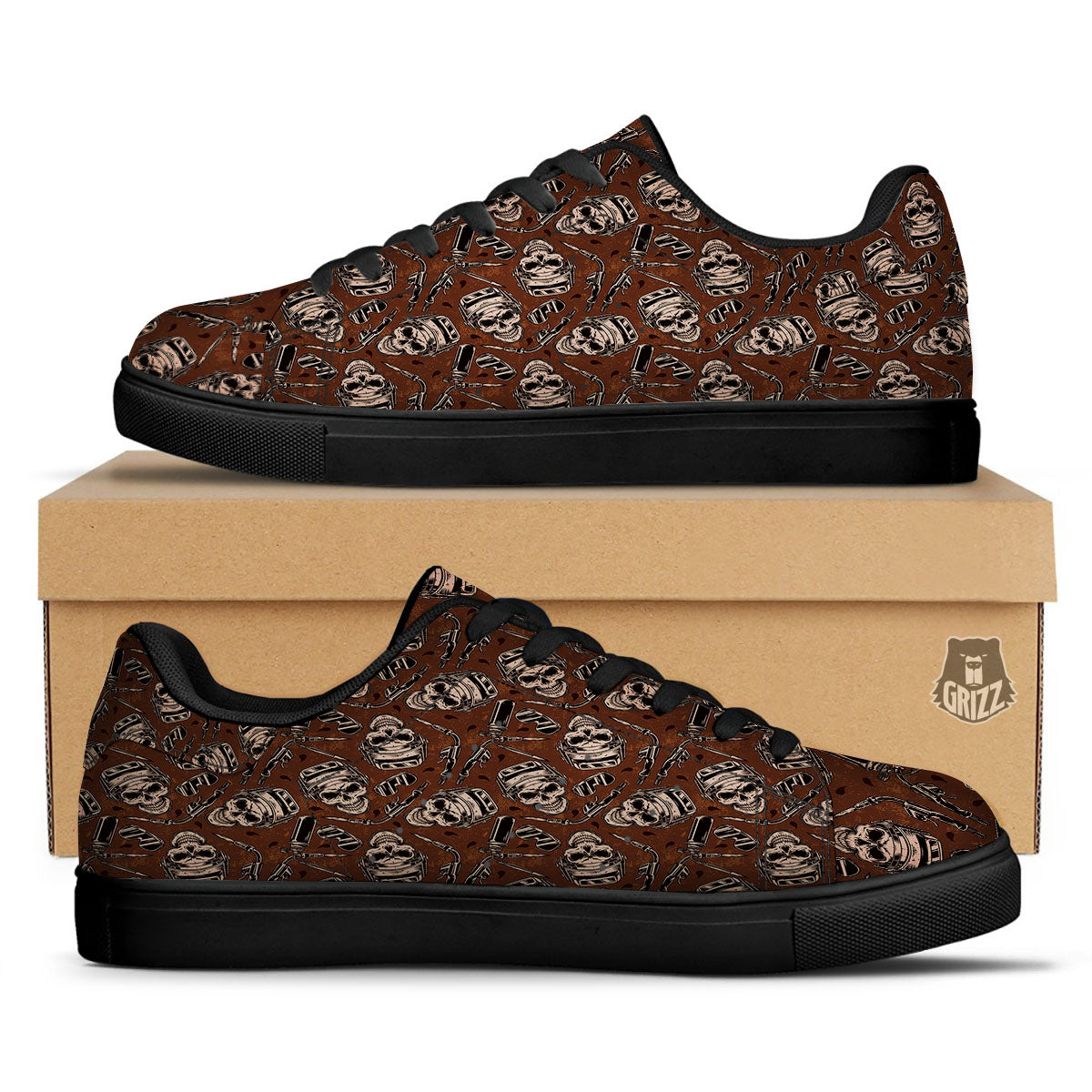 Welder Skull Print Pattern Black Low Top Sneakers-grizzshop