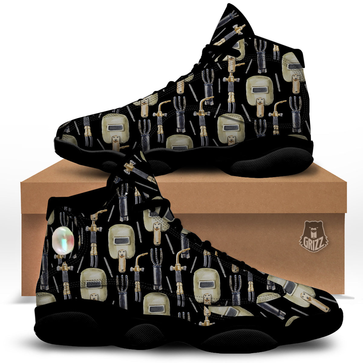 Welder Watercolor Print Pattern Black Basketball Shoes-grizzshop
