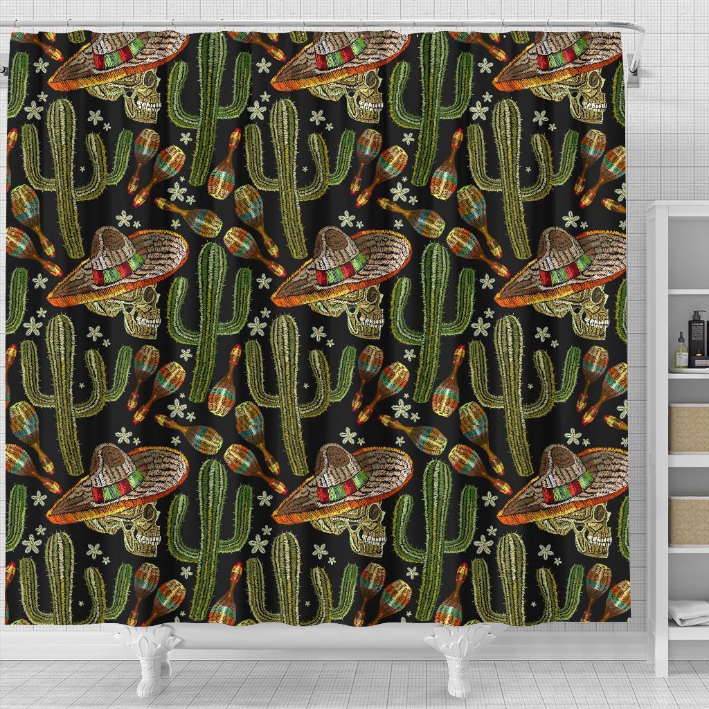 Western Cowboy Cactus Pattern Print Bathroom Shower Curtain-grizzshop