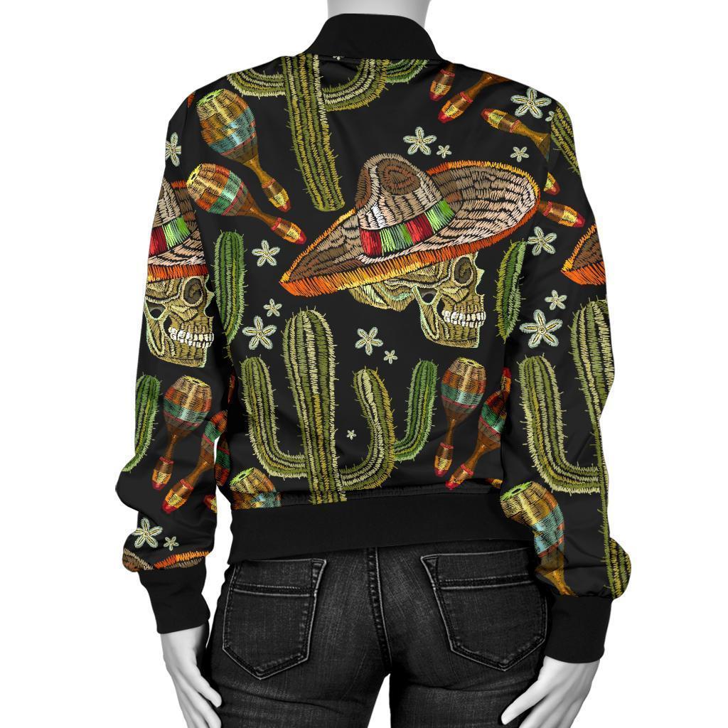 Western Cowboy Cactus Pattern Print Women Casual Bomber Jacket-grizzshop