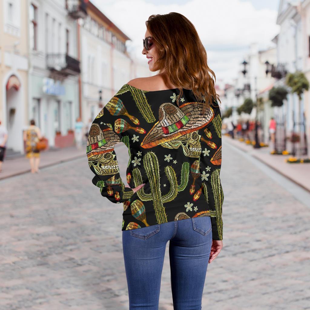 Western Cowboy Cactus Pattern Print Women Off Shoulder Sweatshirt-grizzshop