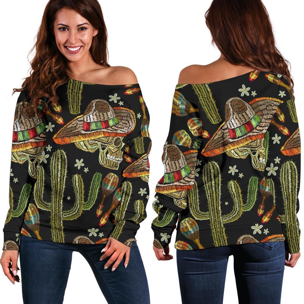 Western Cowboy Cactus Pattern Print Women Off Shoulder Sweatshirt-grizzshop