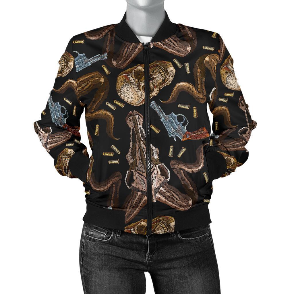 Western Cowboy Gun Print Pattern Women Casual Bomber Jacket-grizzshop