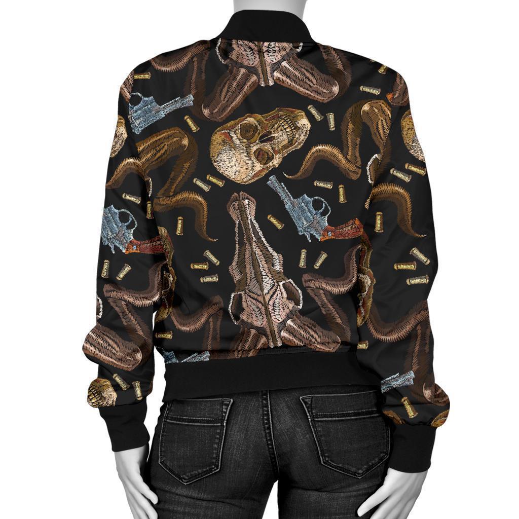 Western Cowboy Gun Print Pattern Women Casual Bomber Jacket-grizzshop