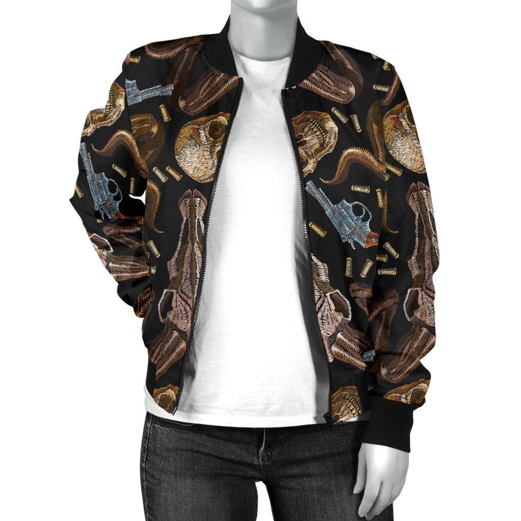 Western Cowboy Gun Print Pattern Women Casual Bomber Jacket-grizzshop