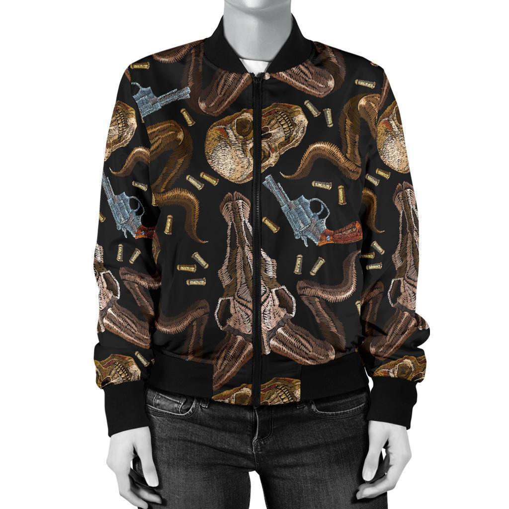 Western Cowboy Gun Print Pattern Women Casual Bomber Jacket-grizzshop