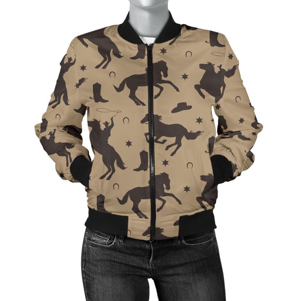 Western Cowboy Print Pattern Women Casual Bomber Jacket-grizzshop