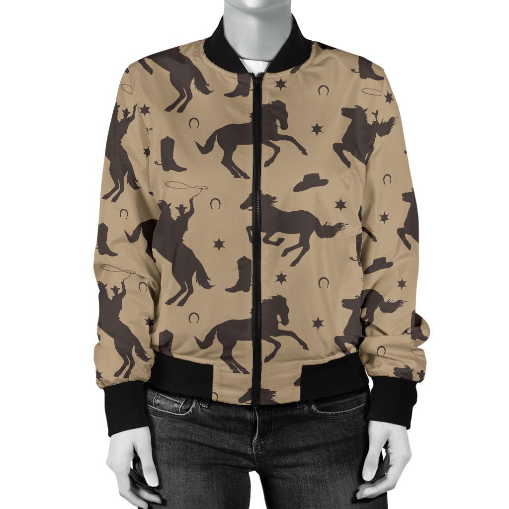 Western Cowboy Print Pattern Women Casual Bomber Jacket-grizzshop