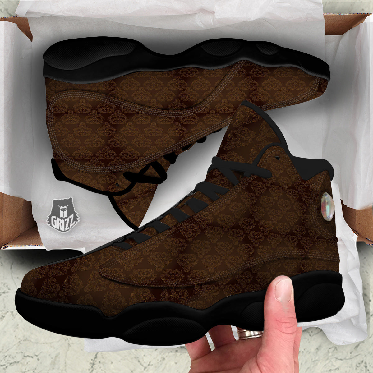 Western Damask Dark Brown Print Black Basketball Shoes-grizzshop
