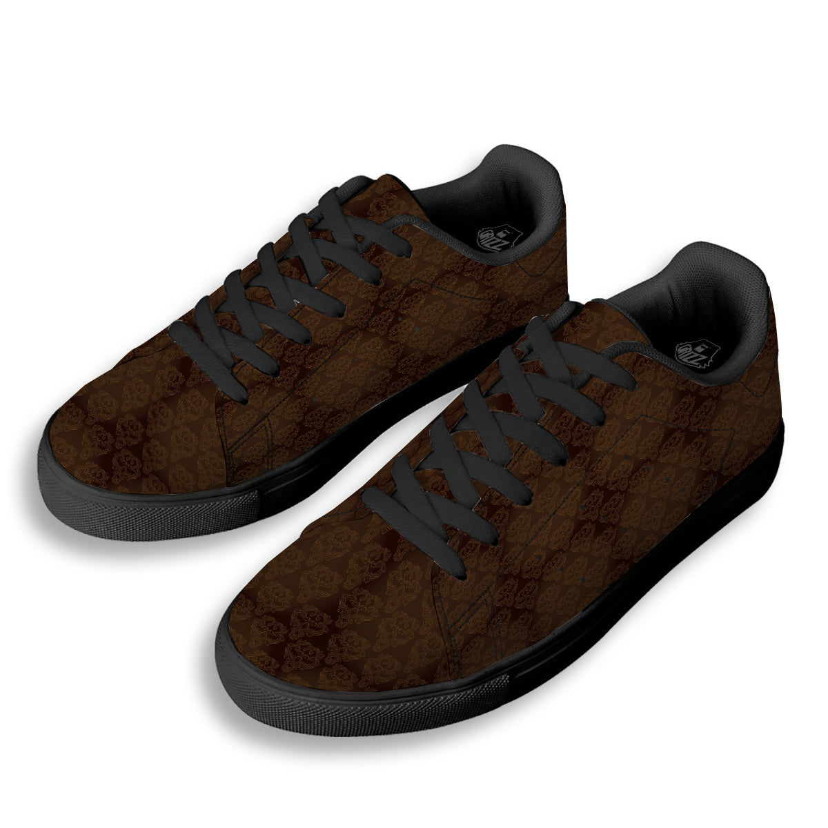 Western Damask Dark Brown Print Black Low Top Sneakers-grizzshop