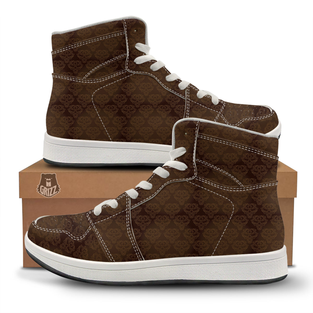 Western Damask Dark Brown Print High Top Sneakers-grizzshop