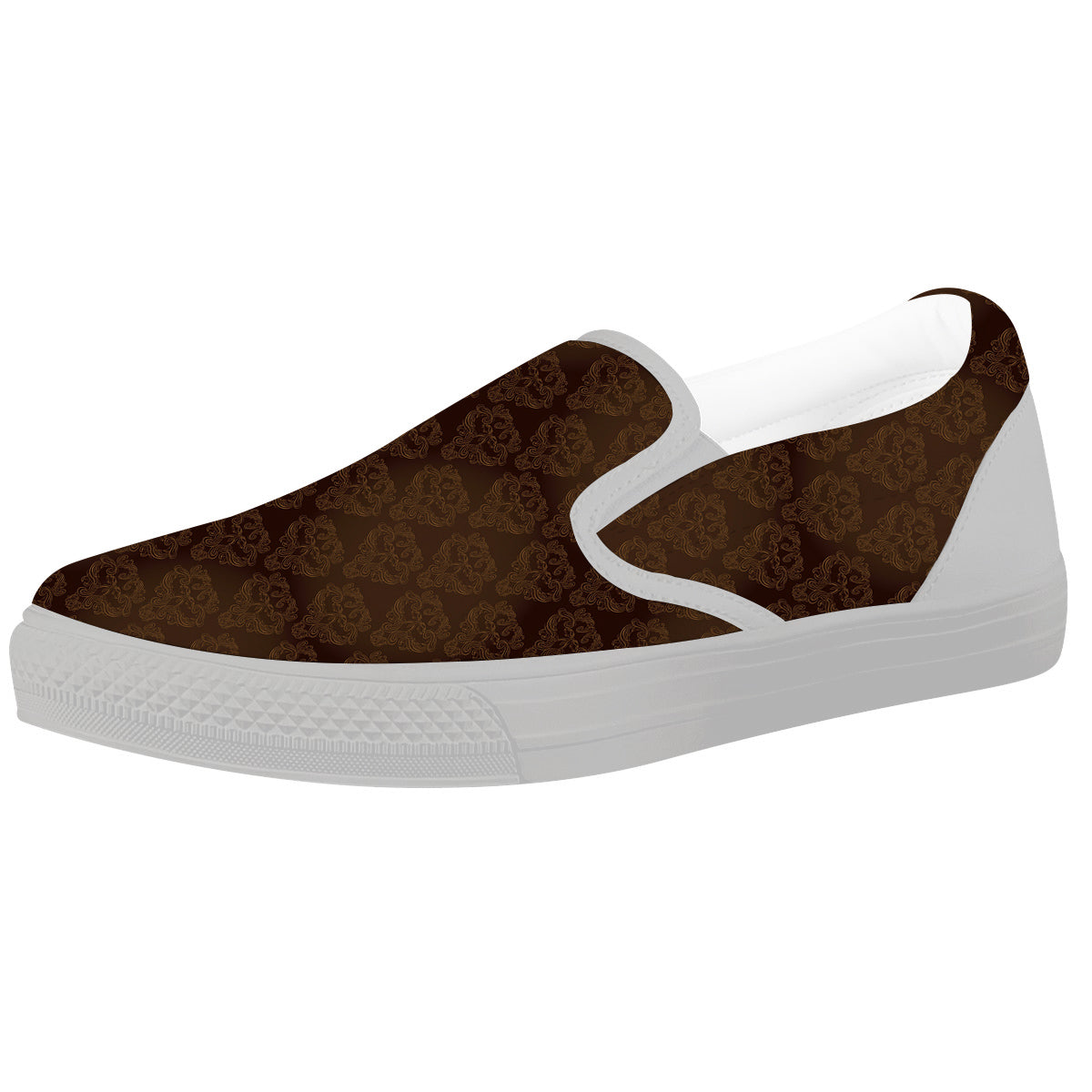 Western Damask Dark Brown Print White Slip On Shoes-grizzshop