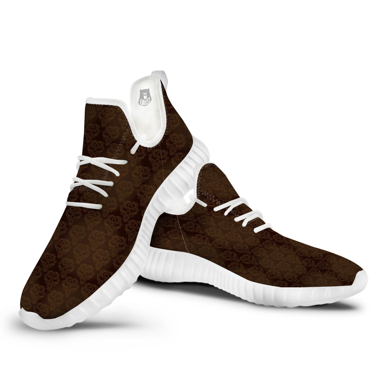 Western Damask Dark Brown Print White Walking Shoes-grizzshop